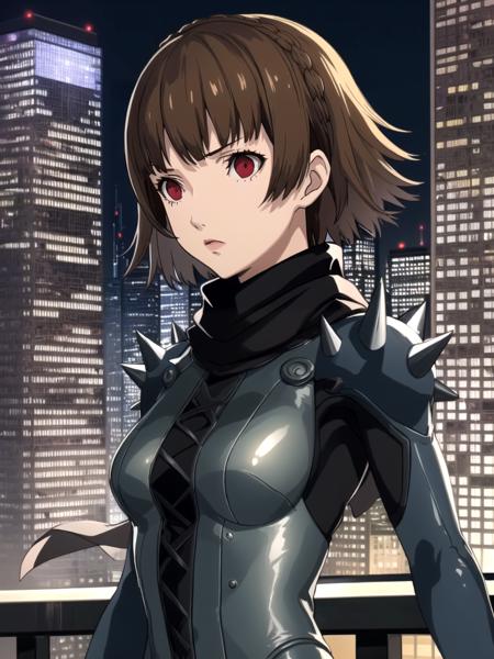 63115477-masterpiece, best quality, 1girl, solo, dsqueen, brown hair, short hair, crown braid, red eyes, bodysuit, shoulder spikes, scarf.png